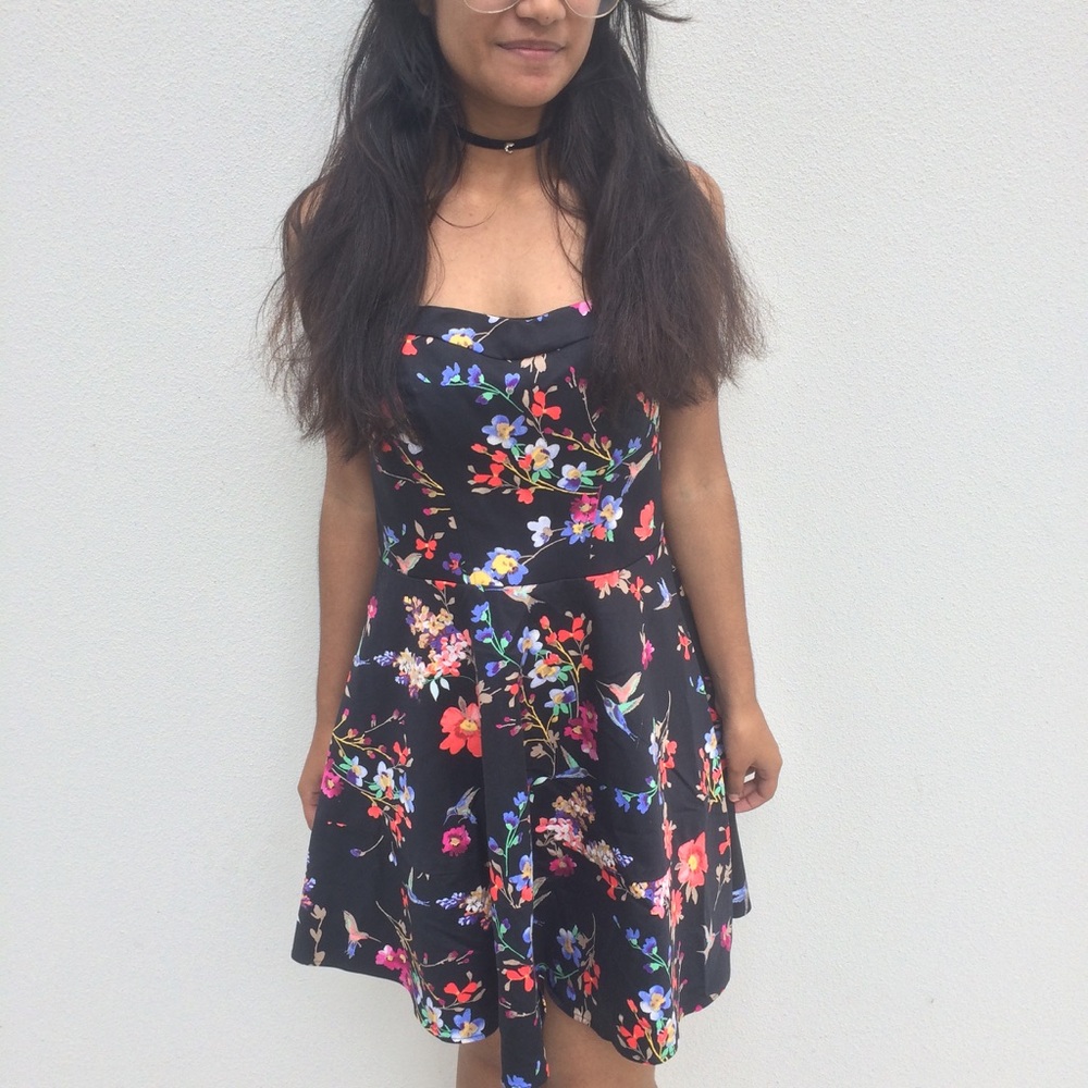 Express black floral hummingbird strapless dress